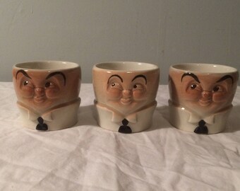 Set of THREE VINTAGE Porcelain Vintage Egg Cups - Emotion Faces