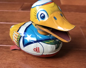 Vintage Tin Toy Duck, Litho Duck, made in Japan, Sailor Duck Friction Toy, toy collector gift