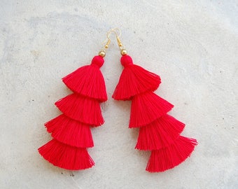 Four Layered Red Tassel Earrings