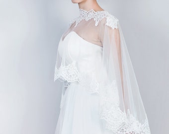 Bridal Lace Cape, Bridal Lace Capelet, Wedding Cape in White and Ivory, Tulle bridal capelet