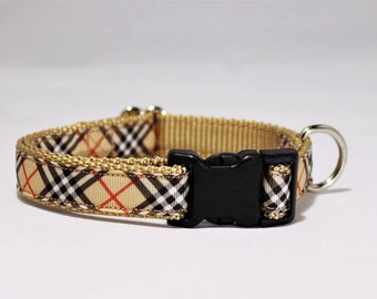 3/4" wide Tan "Burberry style" plaid adjustable dog collar