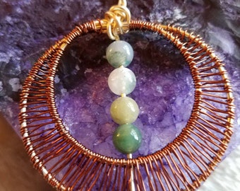 Circular Crescent Moon wire wrapped pendant with Fancy Jasper beads