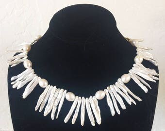 AAA Keshi Stick and Oval Freshwater Pearl Necklace with 24K Gold Vermeil Clasp