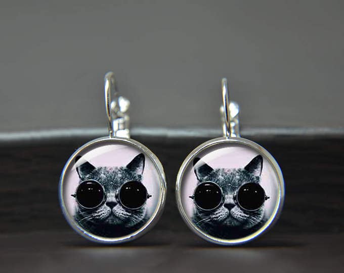 Coolest cat earrings, cat earrings, cat jewelry, cat dangle earrings, cat with glasses earrings, cool cat earrings, cat