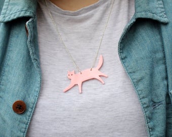 Pale Pink Laser Cut Acrylic Cat Necklace 20" Silver Chain