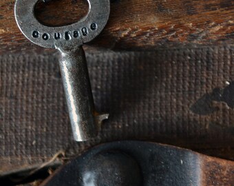 Key of Courage - Courageous - Hand Stamped Key - Inspiration Key - Leather or Chain Necklace