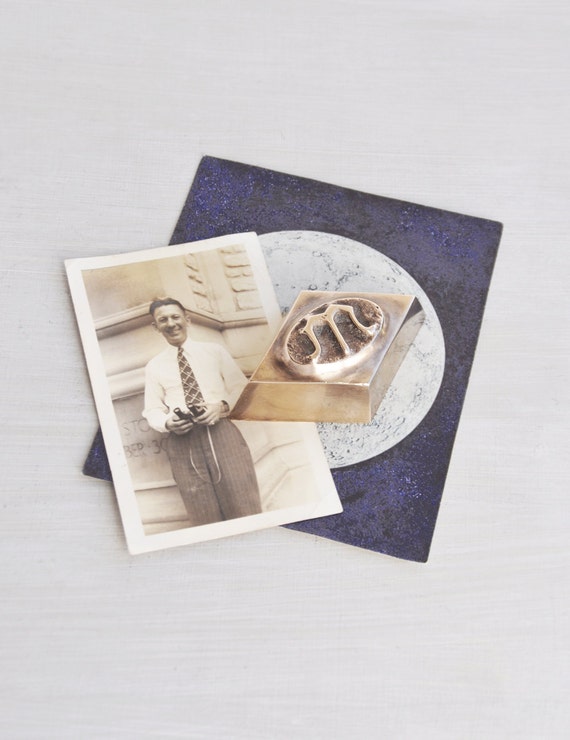 Vintage Solid Brass Paperweight diamond shape with letter M