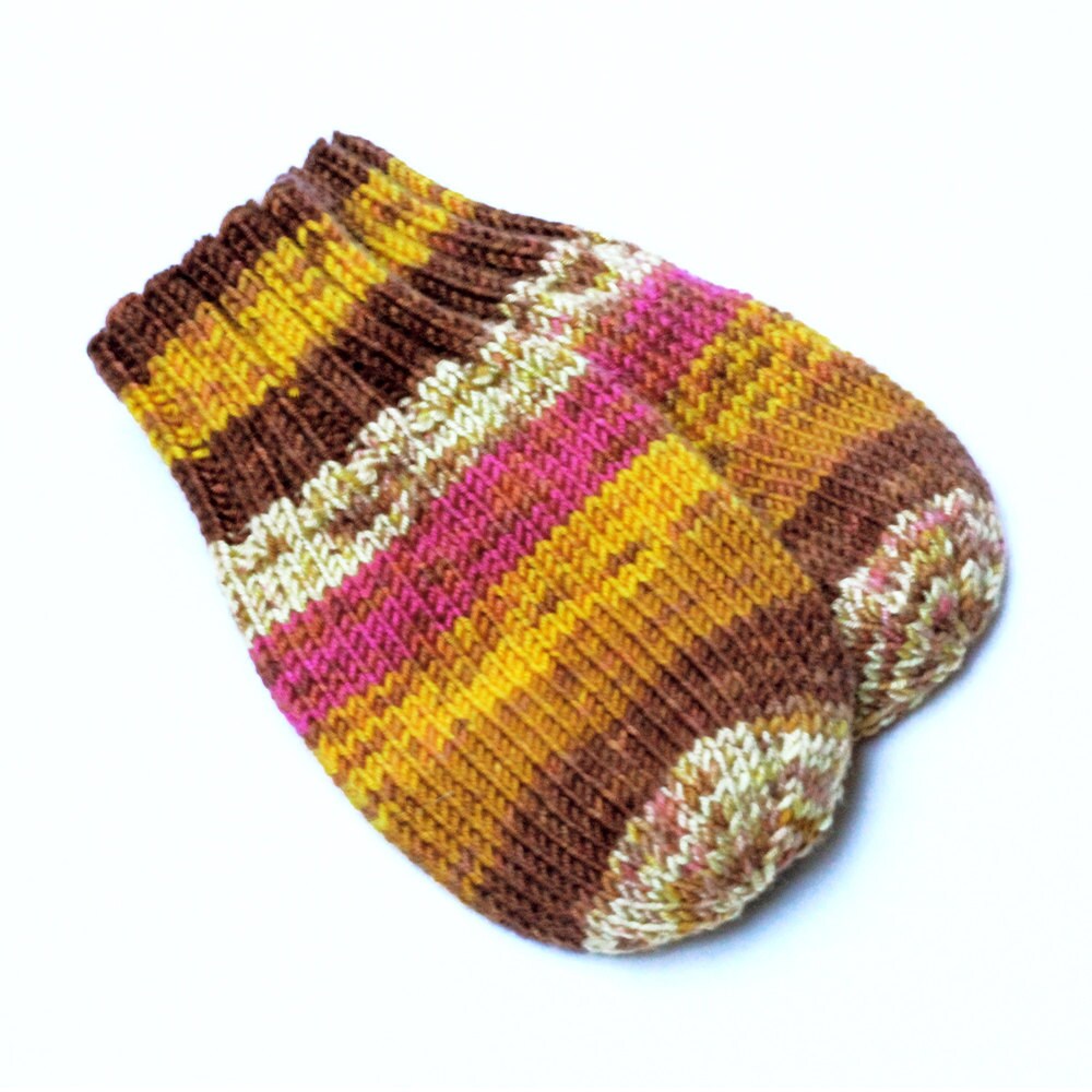 WoolFree Yellow Brown Baby Mittens on Cord. Hand Knit