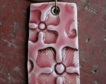 Pink Flowers on Porcelain Pendant