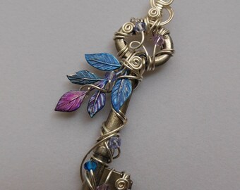 Faerie Leaf Key Pendant -- Silver Wire Wrapped Key with Blue, Purple, Pink Leaves and Swarovski crystals -- Enchanted Forest Key