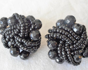 Vintage Black Glass Beaded Costume Jewelry Clip Back Earrings