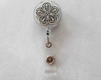 Reel, Retractable Badge Holder Silver Metal Flower . Alligator Clip or Slide Clip