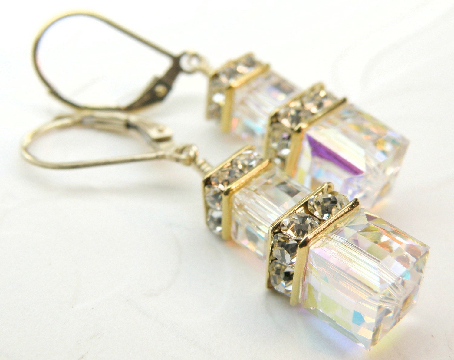 Bridal Swarovski Crystal Cube Earrings Gold Filled Crystal