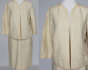 60's Jacket and Skirt Set / Wool Knit / Ivory / Butte Knit / Small