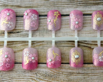 Sakura Ombre Fake Nails | Short Fake Nails | Cherry Blossom Press On Nails | Petite Active Length Nails | Gradation | False Nails for Prom