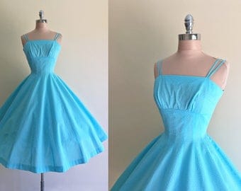 Vintage 1950s Blue Swiss Dot Cotton Full Skirt Garden Party Summer Dress XS