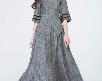 Grey dress, linen dress, spring dress, prom dress, party dress, evening dress, boho dress, women's dresses, maxi dress, custom made 1698