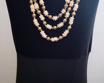 SUPER SALE...Gorgeous Shell Pink Coral & Brass Triple Strand Necklace. Coral Necklace. Pink Coral Necklace. Coral Pink Necklace