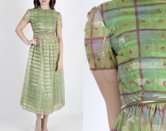 Malcolm Starr Dress 60s Dress Party Dress Cocktail Dress Maxi Dress Metallic Dress Vintage 60s Dress Green Plaid Chiffon Metallic Party Maxi