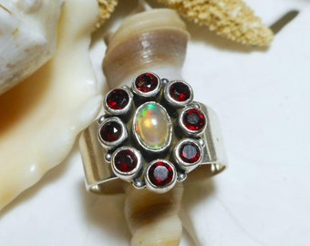 Sterling Silver Opal and Garnet Ring 5.79g Size 8.5