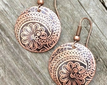 Copper earrings, etched jewelry, dangle earrings, drop earrings, nature jewelry, gift for her, light weight earrings