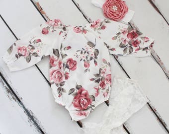Boho Chic Floral Shoulder Romper & Headband. Newborn Baby Girl Coming Home Outfit, 1st Birthday Outfit, Summer Set, Mommy Me, Mother's Day
