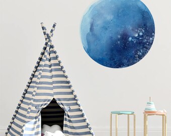 Watercolor Wall Decal. Moon Wall Art Decor. Wall Sticker Nursery Moon. Self Adhesive Vinyl. Blue Moon Wall Sticker. Self Adhesive Decor Moon