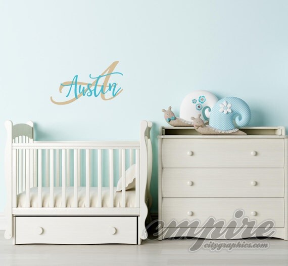 Custom Name Decal, Personalized Name and Initial Nursery Wall Decal, Modern Name Decal, Monogram Decals