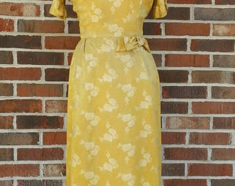 Vintage 1950s 1960s Gold Satin Wiggle Dress Evening Cocktail Gown Asian Glam Mid Century MCM Retro Rockabilly Prom Dance Wedding Medium M