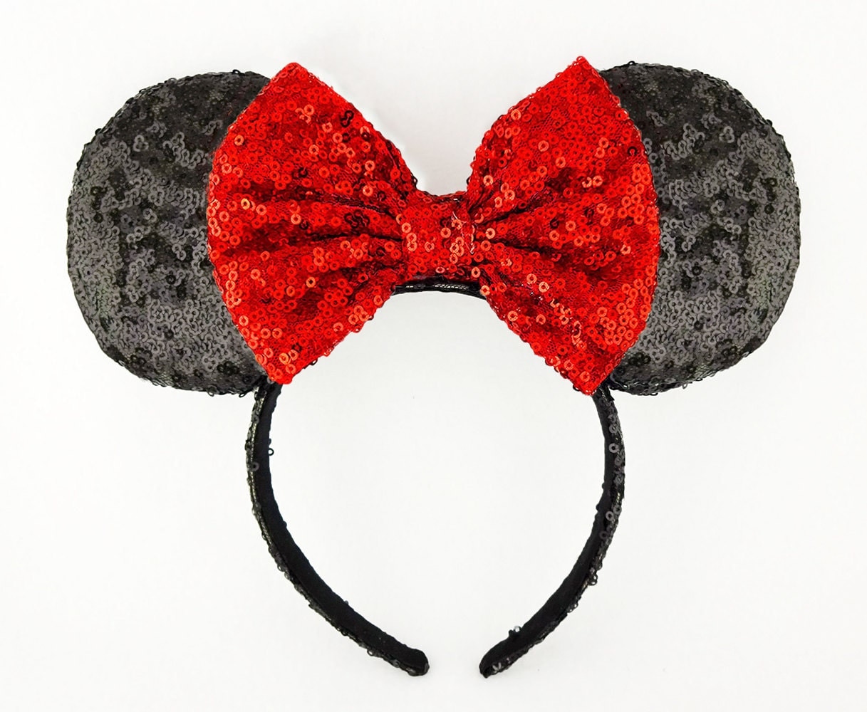 Minnie Mouse Ears Red Bow Black Sequin Minnie Mouse Headband 5633