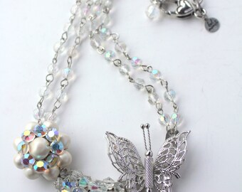 Butterfly Necklace, Crystal Necklace, Recycled Necklace, Upcycled Jewelry, Spring Necklace, Statement Necklace, Assemblage Art, Repurposed