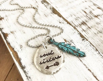 Soul Sisters Necklace . Best Friends Necklace . Friend Gift . Friendship Jewelry . Feather Necklace . Personalized Jewelry . Sorority
