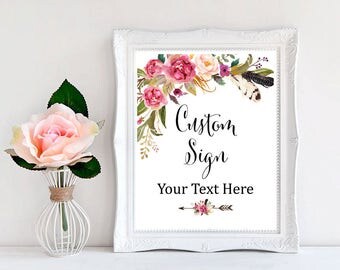Boho Floral Feathers Printable Custom Baby Shower Sign, Boho Personalized Shower Sign, Pink Floral Feathers Custom Sign, Download 309-W
