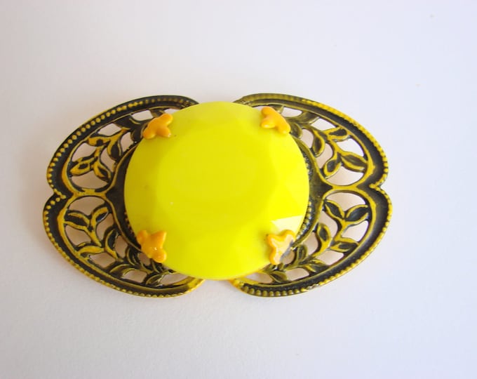 Art Deco Enamel Brooch / Yellow / Green / Large Faceted Cabochon Glass Stone / Jewelry / Jewellery