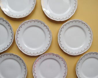 Antique Dinner Plates Set // Elegant Gold Floral Pattern Trim K. T. & K. Co. Set of 8 China Plates Rustic Wedding Decor Victorian Kitchen