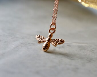 Rose Gold Bee Necklace, Tiny Bee Pendant, Bumble Bee Jewelry, Rose Gold Charm Necklace, Honey Bee Insect, Best Sellers, Wife Gift, For Women