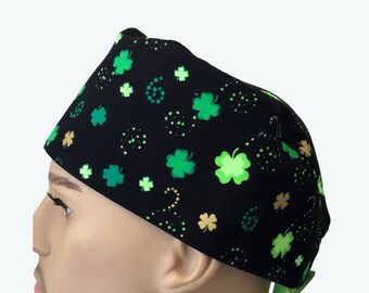 Surgical Scrub Cap - Green Clover Leaves on Black Scrub Hat - St. Patrick's scrub hat - Irish Scrub Hat - short hair scrub caps
