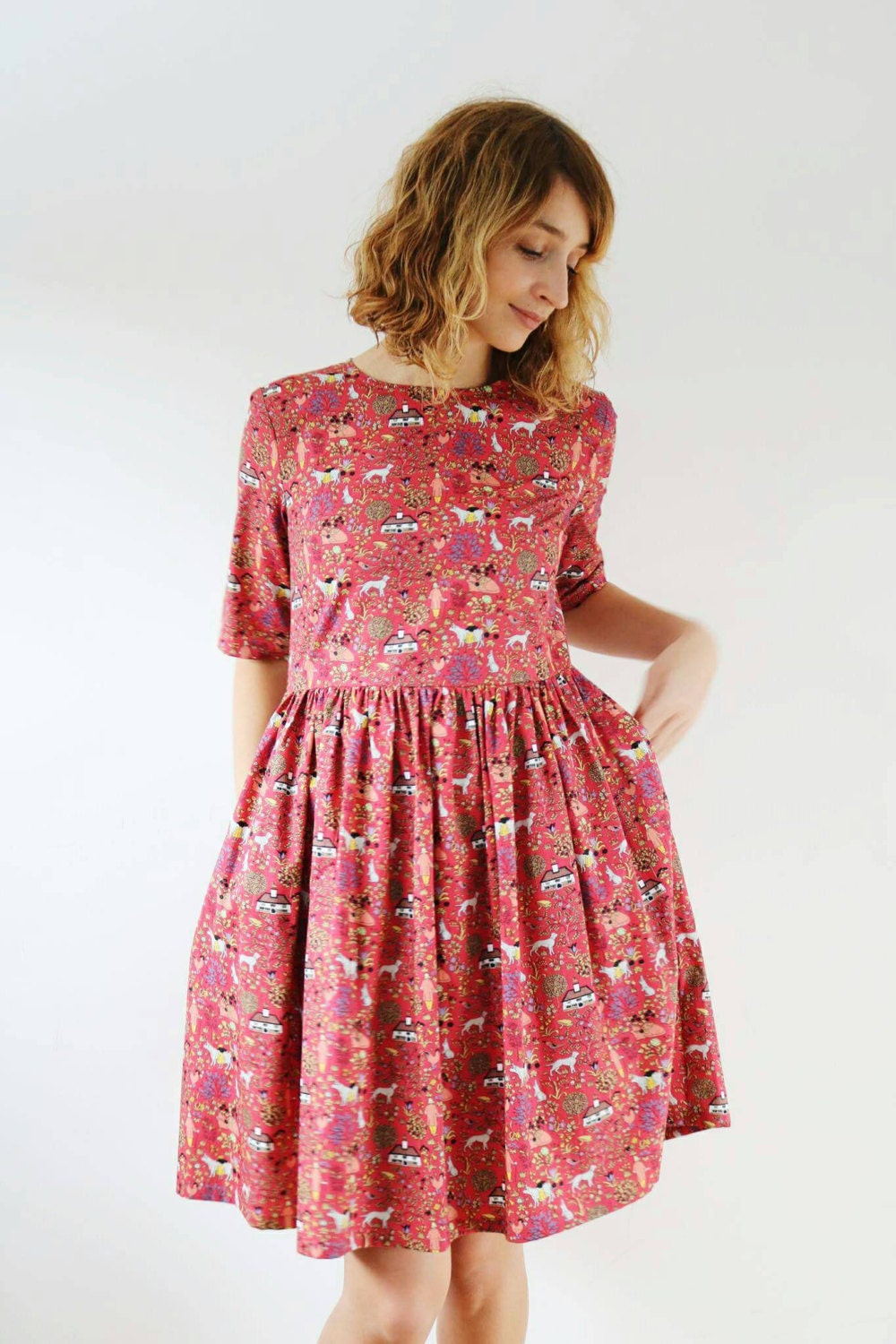 Happy Village Print Dress Raspberry Pink Dress Matching