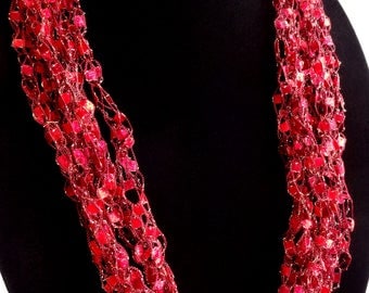 Red with Gold Lurex Crochet Ladder Yarn Necklace