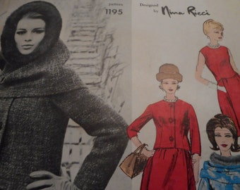 Vintage 1960's Vogue 1195 Paris Original Nina Ricci Dress, Jacket and Hood Sewing Pattern, Size 14 Bust 34 or Size 10 Bust 31