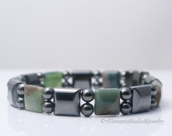 Magnetic Hematite Bracelet with Green Jasper, Arthritis Therapy Bracelet for Men and Women