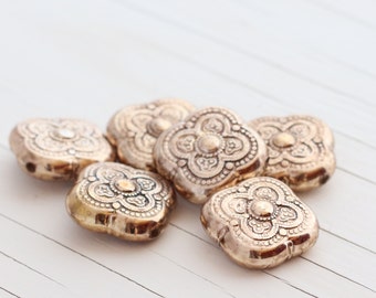 Vintage Antiqued Clover Shaped Bead - Metallic Light Gold - 18mm - 6 beads