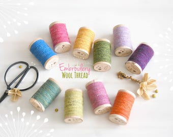 Wool Embroidery Thread - 100% Wool Thread - Rustic Wool Thread - Moire Wool Thread - Colorful Thread - Thread on a Wooden Spool - Colorful