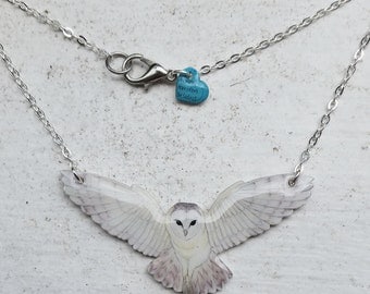 White owl necklace. British barn owl in full flight, glossy pendant. Perfect gift for any bird lover or avid bird watcher.