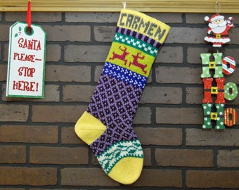 Purple Hand Knit Christmas Stocking with Yellow Cuff, Reindeer and Ivy, Fair Isle Knit, Colorful, Can be Personalized, Housewarming Gift