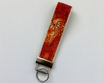 Orange Key Fob Wristlet, Orange Batik Key Fob, Orange & Gold Key Chain