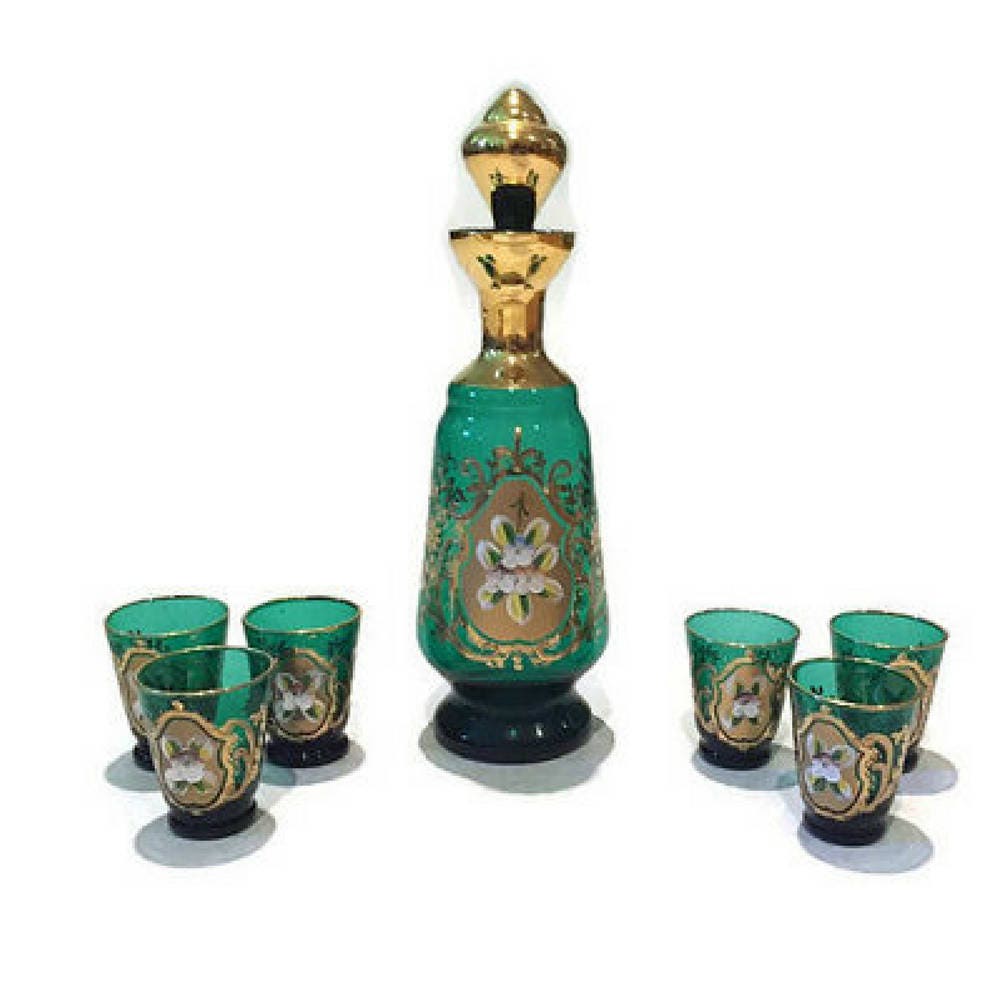 Vintage Glass Decanter Set Bohemia Green & Gold Glass
