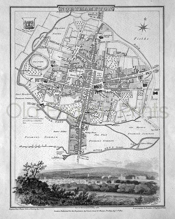 Northampton 1810 Antique English Map of Northampton 8 x 10