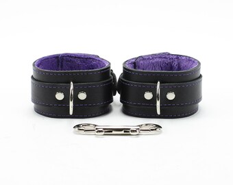 Bondage Leather BDSM Cuffs Purple Stitched Restraints Faux Fur Lined