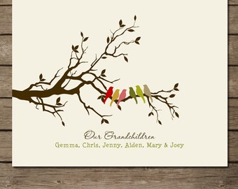 Personalized Grandparents Christmas Gift, Gift for Grandma and Grandpa- Family Tree with birds and names, custom colors, fonts 8 x 10"